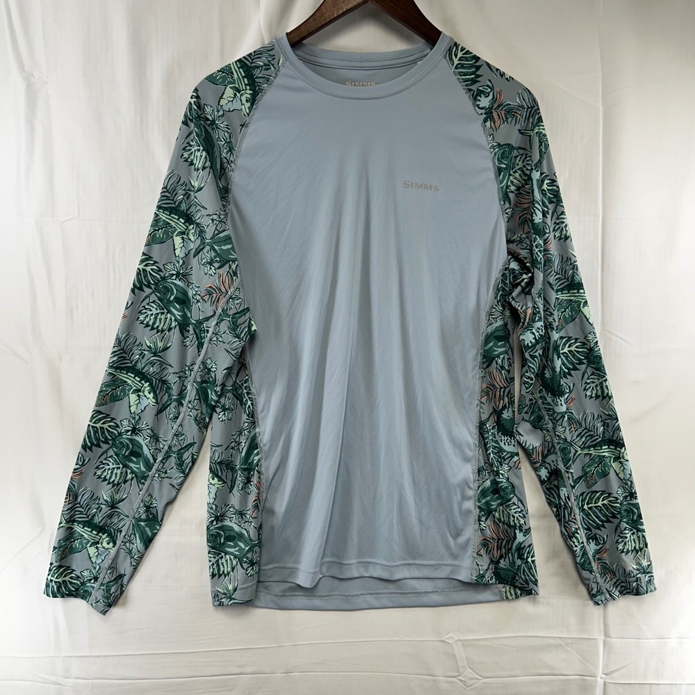 Simms SolarFlex Fishing Shirt Mens M Blue Tropical Fish Print Long Sleeve Raglan